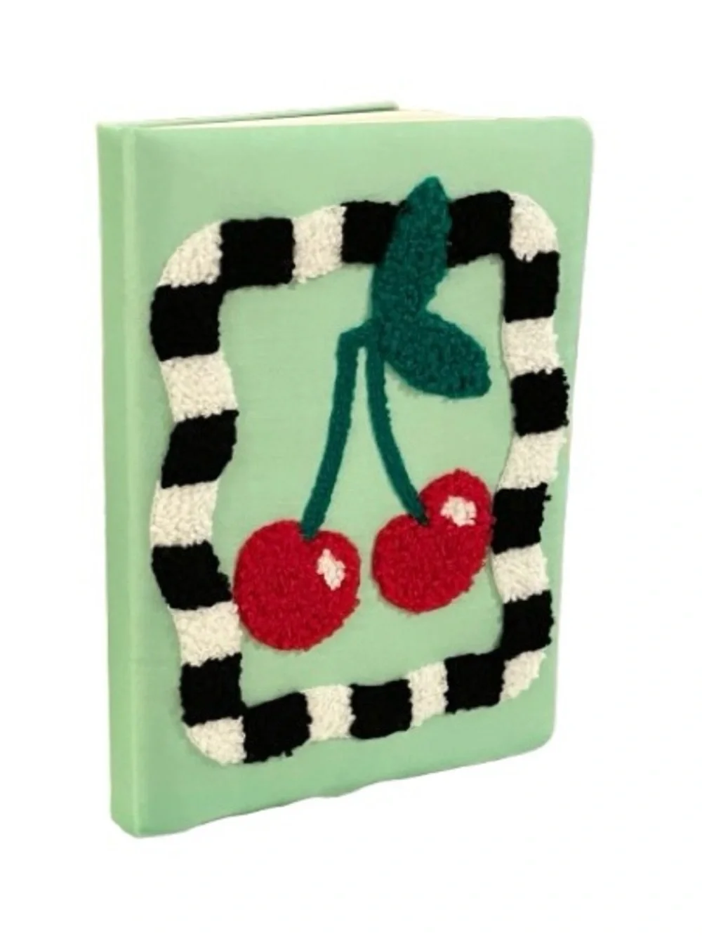 🆕- Cherry Embroidered Journal with Green Fabric Background. 8.5”x 6”